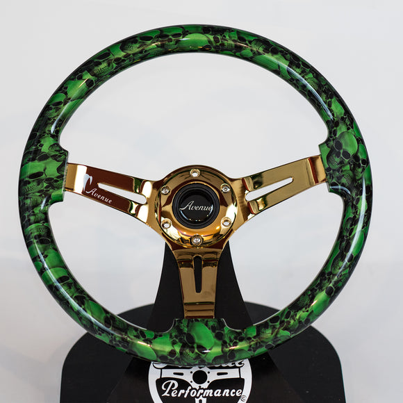 AVENUE GREEN SKULLS/ GOLD SPOKES HYDRO DIPPED STEERING WHEEL