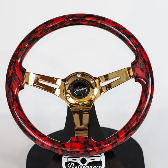 AVENUE RED SKULLS/ GOLD SPOKES HYDRO DIPPED STEERING WHEEL