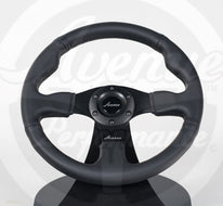 AVENUE BLACK LEATHER/ BLACK STITCH/ BLACK SPOKES FLAT LINE STEERING WHEEL 330MM - Avenue Performance