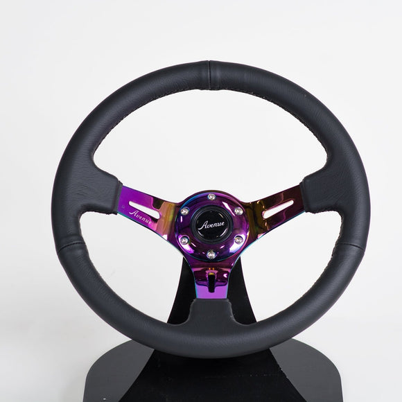 AVENUE BLACK LEATHER/ BLACK STITCH/ NEOCHROME SPOKES STEERING WHEEL - Avenue Performance