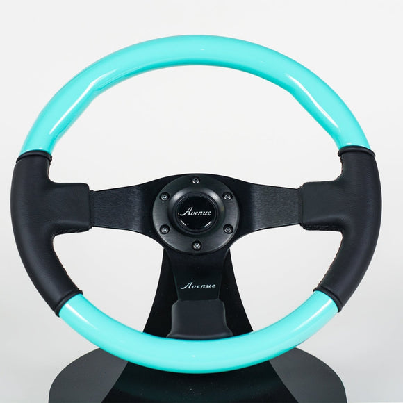 AVENUE BLACK LEATHER/ MINTY/ BLACK SPOKES FLAT LINE STEERING WHEEL - Avenue Performance