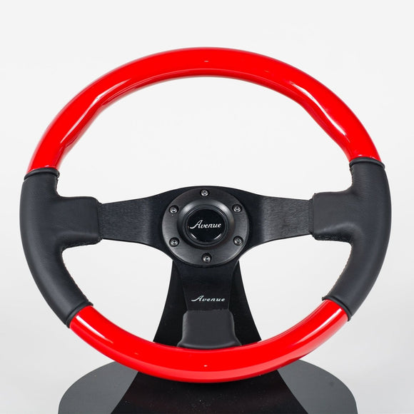 AVENUE BLACK LEATHER/ RED/ BLACK SPOKES FLAT LINE STEERING WHEEL - Avenue Performance