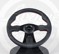 AVENUE BLACK LEATHER/ RED STITCH/ BLACK SPOKES FLAT LINE STEERING WHEEL 330MM - Avenue Performance