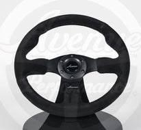 AVENUE BLACK SUEDE/ BLACK STITCH/ BLACK SPOKES FLAT LINE STEERING WHEEL 330MM - Avenue Performance