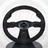 AVENUE BLACK SUEDE/ RED STITCH/ BLACK SPOKES FLAT LINE STEERING WHEEL 330MM - Avenue Performance