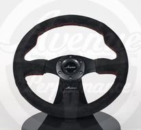 AVENUE BLACK SUEDE/ RED STITCH/ BLACK SPOKES FLAT LINE STEERING WHEEL 330MM - Avenue Performance