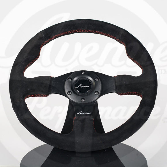 AVENUE BLACK SUEDE/ RED STITCH/ BLACK SPOKES FLAT LINE STEERING WHEEL 330MM - Avenue Performance