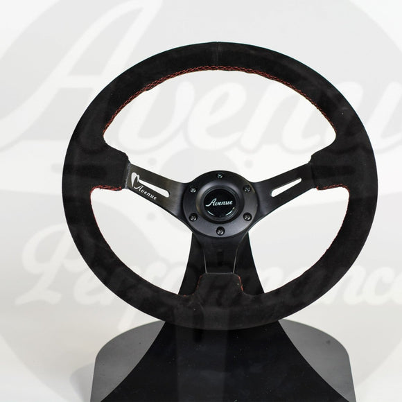 AVENUE BLACK SUEDE/ RED STITCHING/ BLACK SPOKES STEERING WHEEL - Avenue Performance