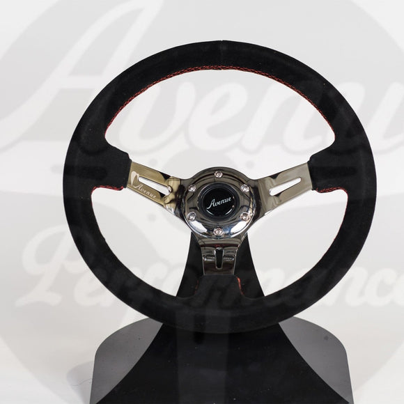 AVENUE BLACK SUEDE/ RED STITCHING/ CHROME SPOKES STEERING WHEEL - Avenue Performance