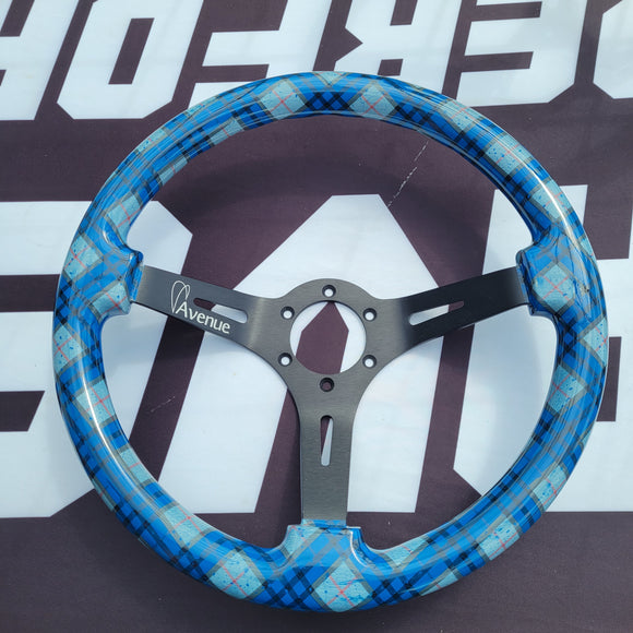 AVENUE BLUE PLAID BLACK SPOKES AS-IS STEERING WHEEL