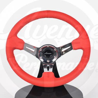 AVENUE RED LEATHER/ RED STITCH/ CHROME SPOKES STEERING WHEEL