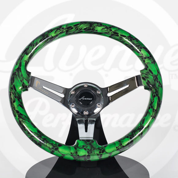 AVENUE GREEN SKULLS/ CHROME SPOKES HYDRO DIPPED STEERING WHEEL